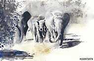 Elefántok akvarell festés afrikai szafari vászonkép, poszter vagy falikép
