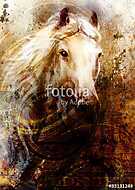 Horse heads, abstract ocre background, with one dollar collage. vászonkép, poszter vagy falikép