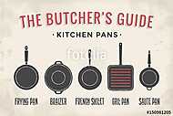 Set of kitchen pans. Poster Kitchenware - Pans, grill, pot. Vint vászonkép, poszter vagy falikép