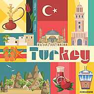 Törökország vektoros vakáció illusztráció turkiai tereptárgyakka vászonkép, poszter vagy falikép