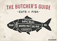 Cut of meat set. Poster Butcher diagram and scheme - Fish. Vinta vászonkép, poszter vagy falikép