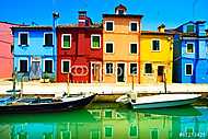 Velence,Burano sziget-csatorna, színes kikötő házai vászonkép, poszter vagy falikép