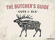 Cut of meat set. Poster Butcher diagram, scheme - Elk. Vintage t vászonkép, poszter vagy falikép
