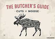 Cut of meat set. Poster Butcher diagram, scheme - Moose. Vintage vászonkép, poszter vagy falikép