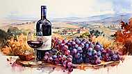 Szőlő borral és őszi tájképpel 3. (vizfesték effekt) vászonkép, poszter vagy falikép
