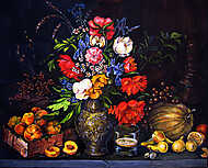 Eredeti gouache festés papíron Gyümölcsök és virágok vászonkép, poszter vagy falikép