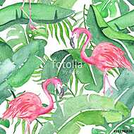 Tropical leaves and flamingo saemless pattern vászonkép, poszter vagy falikép