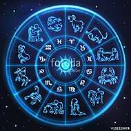 Light symbols of zodiac and horoscope circle, astrology vászonkép, poszter vagy falikép