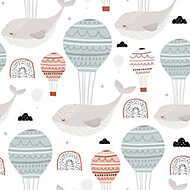 Pasztel bálnák hőlégballonokkal tapétaminta vászonkép, poszter vagy falikép