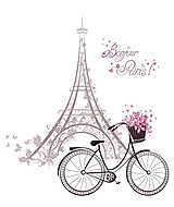 Bonjour Párizs Eiffel-torony és kerékpár - rajz vászonkép, poszter vagy falikép
