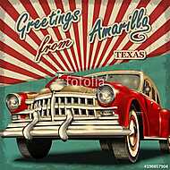 Vintage touristic greeting card with retro car.Amarillo.Texas. vászonkép, poszter vagy falikép