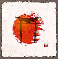Torii kapuk és a piros, felemelkedő nap kézzel húzott tintával h vászonkép, poszter vagy falikép