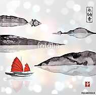 Vízi vitorlással és hegyekkel teli vízi csónak fehér háttérben vászonkép, poszter vagy falikép