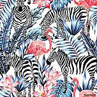 Flamingók, zebrák és pálma levelek vászonkép, poszter vagy falikép