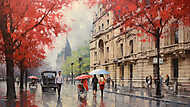 Budapest utcakép őszi esős időben esernyővel sétáló emberekkel 1. (festmény effekt) vászonkép, poszter vagy falikép