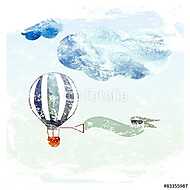 Csíkos hőlégballon a felhőhatáron vászonkép, poszter vagy falikép