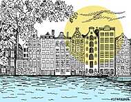 Amszterdam vektor vonal illusztráció vászonkép, poszter vagy falikép
