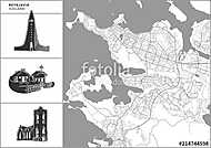 Reykjavik city map with hand-drawn architecture icons vászonkép, poszter vagy falikép