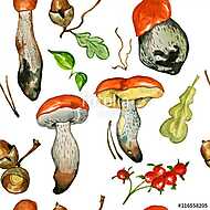 Seamless pattern with wild mushrooms. Hand drawn watercolor pain vászonkép, poszter vagy falikép