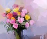 Az olajfestés vörös és sárga rózsa virágok vázában vászonkép, poszter vagy falikép