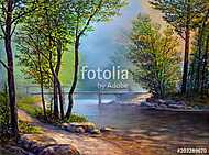 Színes nyári erdő, folyó híddal (olajfestmény reprodukció) vászonkép, poszter vagy falikép