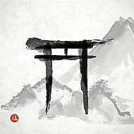 Torii kapuk és hegyek kézzel húzott tintával i vászonkép, poszter vagy falikép