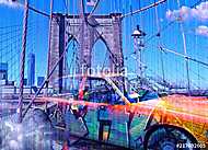 Yellow cab and the Brooklyn bridge - blue vászonkép, poszter vagy falikép