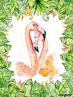 Pink flamingo watercolor hand drawn illustration in arrangement vászonkép, poszter vagy falikép