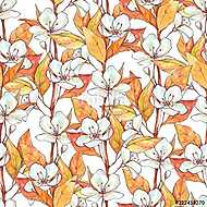 Seamless pattern with white flowers and yellow leaves. Floral ba vászonkép, poszter vagy falikép