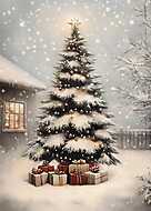 Fenyő a kertben karácsonyi fényekkel vászonkép, poszter vagy falikép