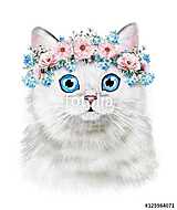 Aranyos macska illusztráció virágok virággal vászonkép, poszter vagy falikép