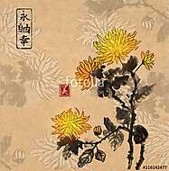 Krizantém virágok szüreti háttérrel. Hagyományos orienta vászonkép, poszter vagy falikép