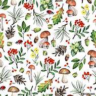 Seamless white pattern with mushrooms, nuts, leaves, acorns. Wat vászonkép, poszter vagy falikép