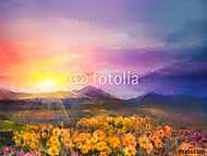 olajfestés sárga - aranyszép virágok a mezekben. Sunset mead vászonkép, poszter vagy falikép