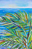 Details of acrylic paintings showing colour, textures and techniques. Expressionistic palm tree foliage and blue sea horizon ba vászonkép, poszter vagy falikép