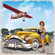 Vintage background with biplane, pin-up girl and retro car. vászonkép, poszter vagy falikép