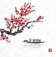 Oriental sakura cseresznyefa virágban és halászhajó vízben vászonkép, poszter vagy falikép