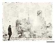 Abstract destroyed city skyline with small female figure unrecognizable vászonkép, poszter vagy falikép