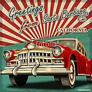 Vintage touristic greeting card with retro car. Santa Barbara. California. vászonkép, poszter vagy falikép