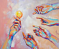 Egy kéz izzót tart, négy kéz nyúl felé vászonkép, poszter vagy falikép