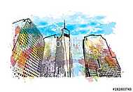 Watercolor splash with hand drawn sketch of Times Square, New Yo vászonkép, poszter vagy falikép