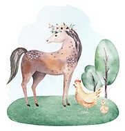 Akvarell háziállatok - lovacska baromfiakkal vászonkép, poszter vagy falikép