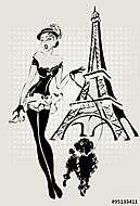 illusztráció Divat nő közelében Eiffel-torony kis kutya vászonkép, poszter vagy falikép
