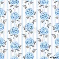 Floral seamless striped pattern. Watercolor background with blue vászonkép, poszter vagy falikép