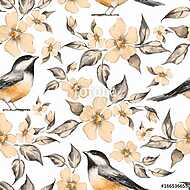 Spring flowers and birds. Hand drawn watercolor floral seamless vászonkép, poszter vagy falikép