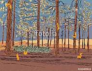Vector illustration of a pine forest with scurrying squirrels around vászonkép, poszter vagy falikép