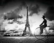 Ember retro kerékpár mellett Effel Tower, Párizs, Franciaország. vászonkép, poszter vagy falikép