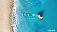 Yacht on the water surface from top view. Turquoise water background from top view. Summer seascape from air. Travel concept and vászonkép, poszter vagy falikép