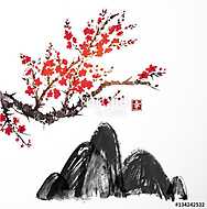 Sakura cseresznyefa virágban és fekete dombokban. Hagyományos or vászonkép, poszter vagy falikép
