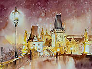 Károly-híd egy éjjeli estén, vízfesték stílusban vászonkép, poszter vagy falikép